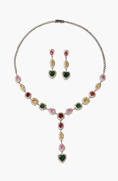 Modenaire Crystal Heart Drop Necklace And Matching Dangle Earring Set In Multi