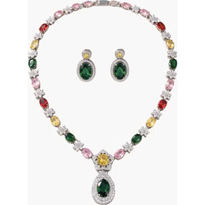 Modenaire Crystal Oval Pendant Necklace And Earring Set In Multi