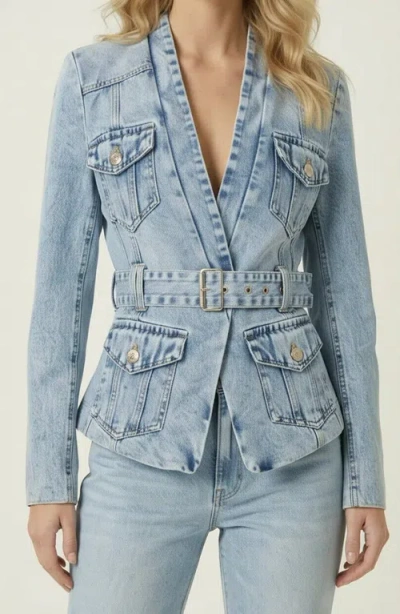 Modenaire Denim Blazer With Belted Waist And Utility Pocket Detail In Blue