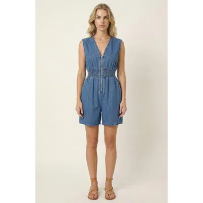Modenaire Denim Cap Sleeve Smocked Mini Dress In Blue