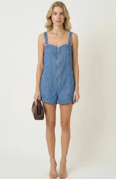 Modenaire Denim Front Zip Pocket Romper In Blue