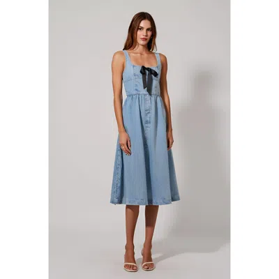 Modenaire Denim Midi Dress With Bow Detail In Blue