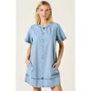 Modenaire Denim Mini Dress With Short Sleeves Pockets Back Zip Detail In Blue