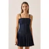 Modenaire Denim Mini Dress With Spaghetti Straps And Pleated Skirt In Blue