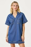 Modenaire Denim Mini Shirt Dress With Short Sleeves And Chest Patch Pockets In Blue