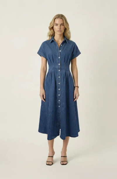 Modenaire Denim Pleated Waist Shirt Dress In Blue