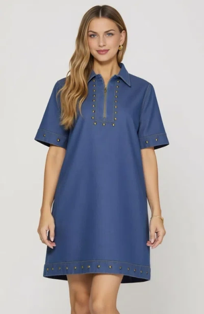 Modenaire Denim Studded Half Zip Mini Dress With Collar And Short Sleeves