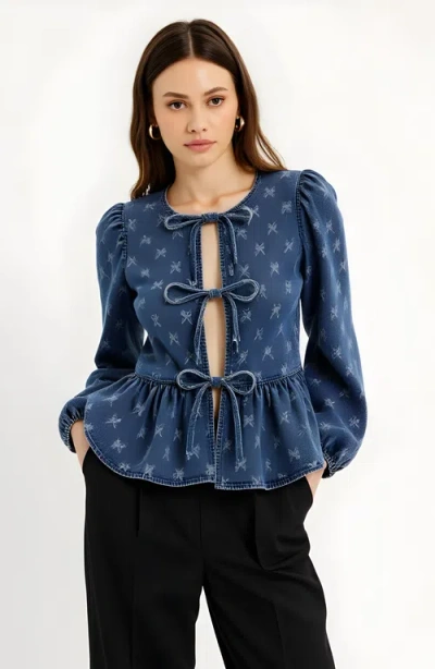 Modenaire Denim Top With Bow-front And Puffed Sleeves In Blue