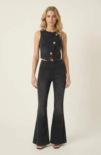 Modenaire Denim Vest And Wide Leg Pants Set In Black