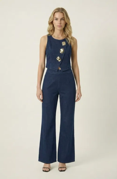 Modenaire Denim Vest And Wide Leg Pants Set In Blue
