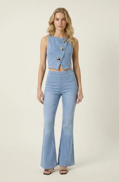 Modenaire Denim Vest And Wide Leg Pants Set In Blue