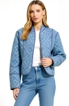 Modenaire Diamond Pattern Quilted Jacket With Piped Trim And Open Front In Blue
