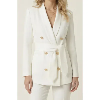 Modenaire Double Breasted Blazer With Buttons And Waist Tie Detail In White