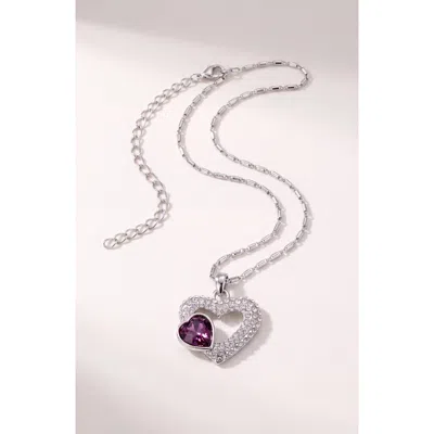 Modenaire Double Heart Crystal Pendant Necklace In Purple