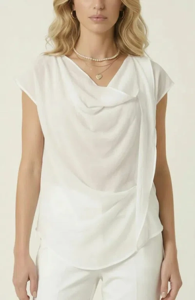 Modenaire Draped Cowl Neck Top With Asymmetrical Overlay Detail In White