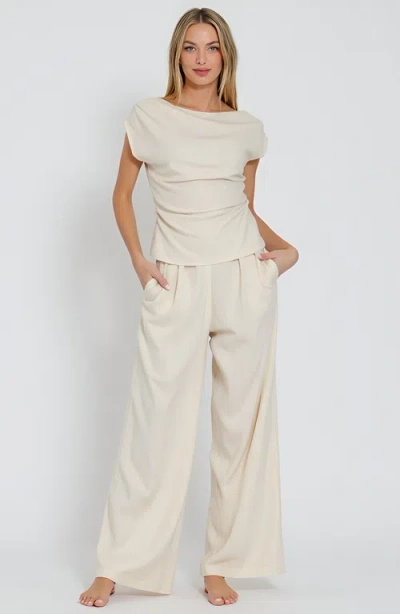 Modenaire Draped Short Sleeve Top And Wide Leg Pants Lounge Set In Neutral