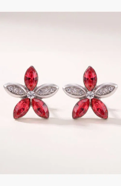 Modenaire Elegant Crystal Flower Stud Earrings In Red