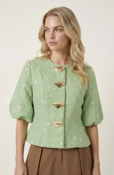 Modenaire Elegant Puff Sleeve Top With Metallic Button Accents In Green