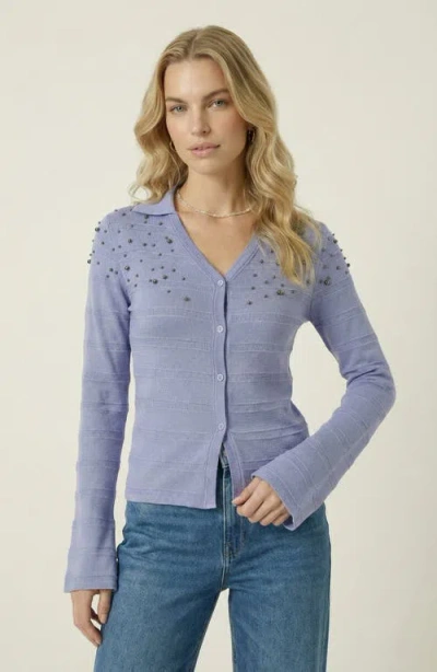Modenaire Embellished Knit Cardigan With V Neck Silhouette In Blue