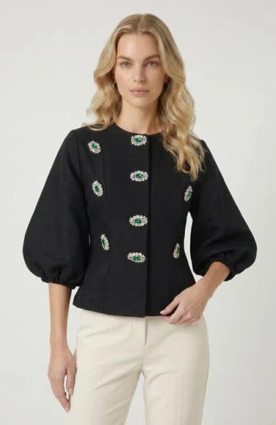 Modenaire Embellished Puff Sleeve Button Jacket In Black