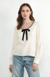Modenaire Embroidered Blouse With Velvet Bow In White