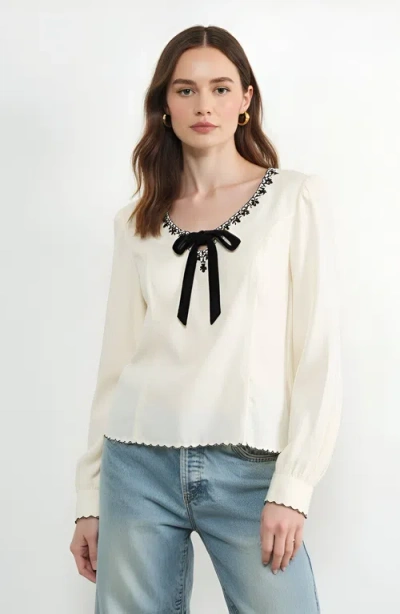 Modenaire Embroidered Blouse With Velvet Bow In White
