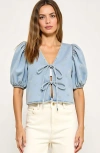Modenaire Embroidered Bow Puff Sleeve Top With Front Tie Detail And V-neckline