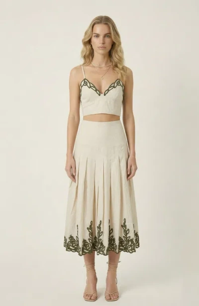 Modenaire Embroidered Crop Top And Pleated Midi Skirt Set In Neutral