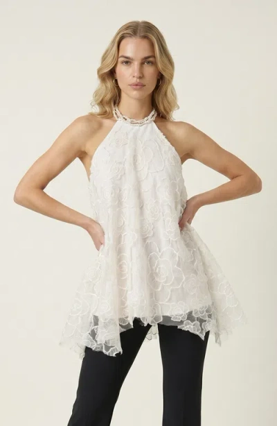 Modenaire Embroidered Floral Halter Top In Neutral