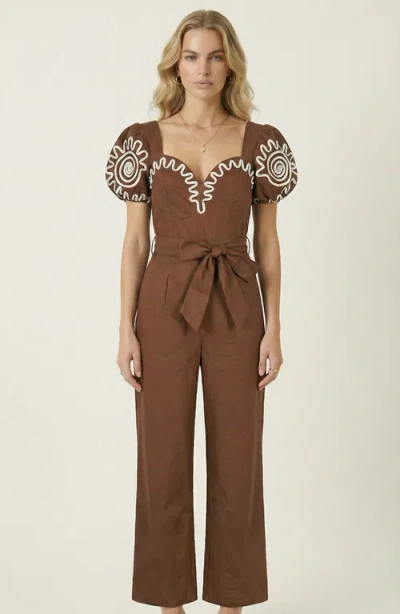 Modenaire Embroidered Puff Sleeve Jumpsuit In Brown