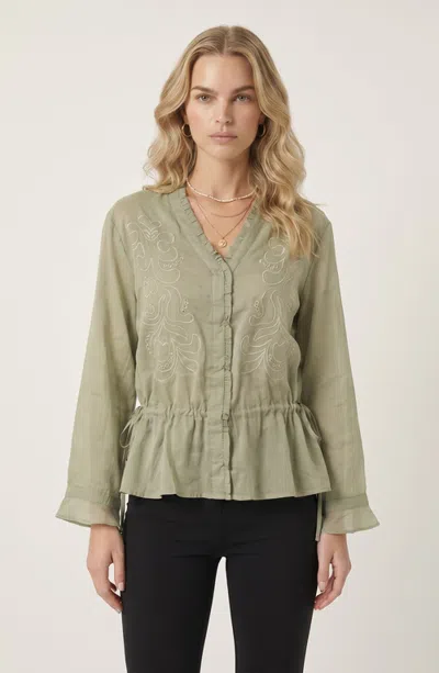 Modenaire Embroidered Ruffle Trim Blouse With Drawstring Waist And Flared Cuffs In Green