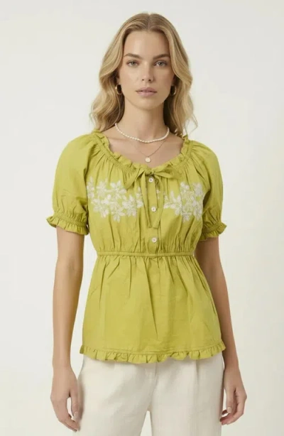 Modenaire Embroidered Ruffle Trim Peplum Blouse In Green