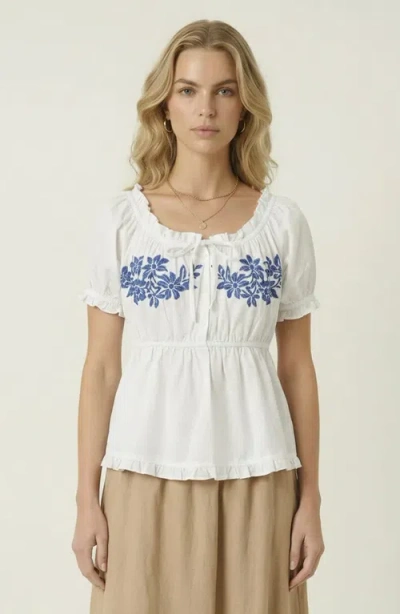 Modenaire Embroidered Ruffle Trim Peplum Blouse In White