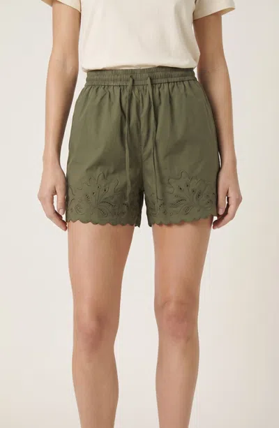 Modenaire Eyelet Embroidered Shorts With Drawstring Waist And Scalloped Hems In Green