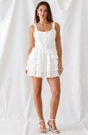 Modenaire Eyelet Tiered Ruffle Strap Scalloped Hem Mini Dress In White