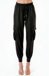 Modenaire Faux Leather Cargo Drawstring Jogger Pants In Black