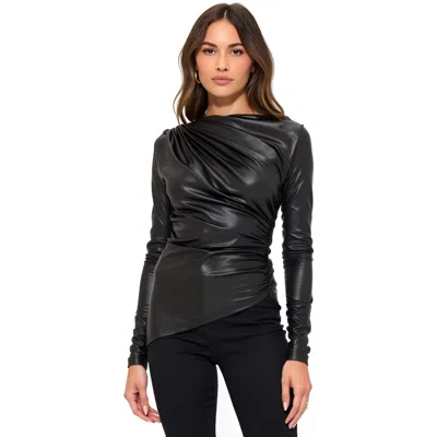 Modenaire Faux Leather Draped Asymmetrical Long Sleeve Top In Black