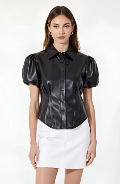 Modenaire Faux Leather Puff Sleeve Button-up Shirt With Structured Corset Seams In Black