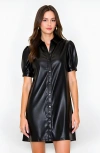 Modenaire Faux Leather Shirt Dress With Puff Sleeves And Button Front In Black