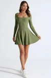 Modenaire Fit And Flare Long Sleeve Mini Dress With Square Neckline And Crisscross Open Back In Green