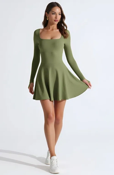Modenaire Fit And Flare Long Sleeve Mini Dress With Square Neckline And Crisscross Open Back In Green