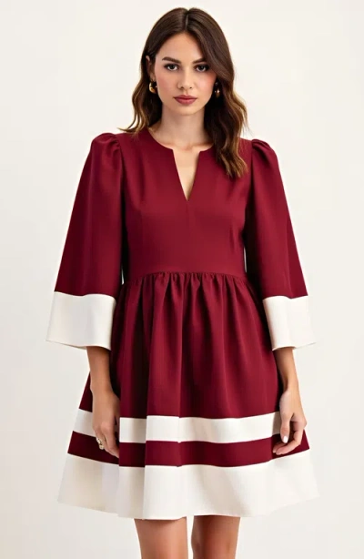 Modenaire Fit And Flare Mini Dress With Contrast Cuff, Hemline And Notch Neck In Burgundy