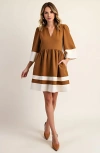 Modenaire Fit-and-flare Mini V-neck Cuffed-sleeve Contrast-trim Dress In Brown