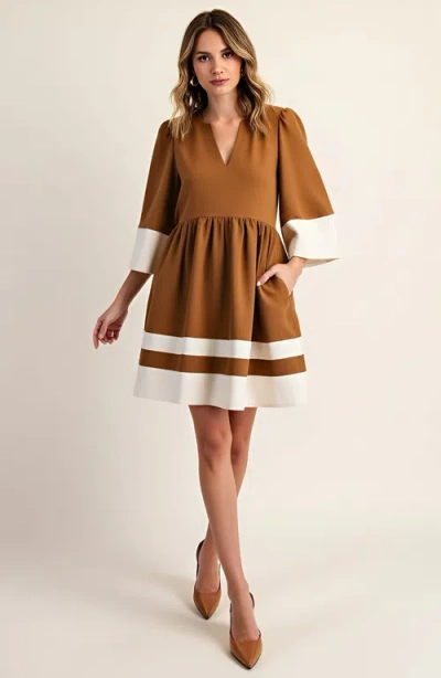 Modenaire Fit-and-flare Mini V-neck Cuffed-sleeve Contrast-trim Dress In Brown