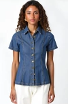 Modenaire Fitted Denim Short-sleeve Button-front Shirt In Blue