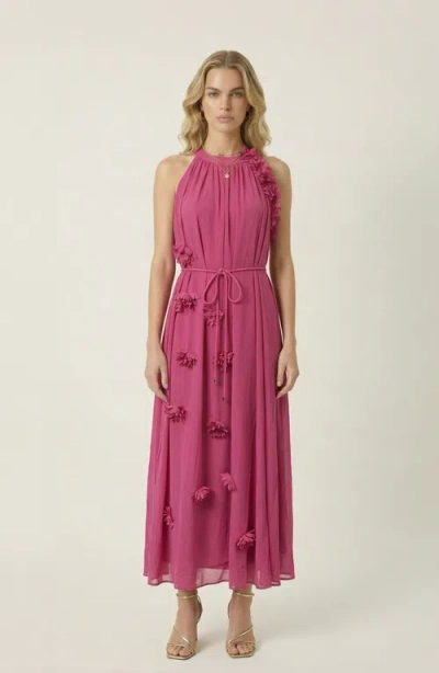 Modenaire Floral Appliqué Halter Midi Dress In Pink