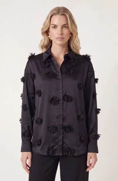 Modenaire Floral Applique Satin Button Up Shirt In Black
