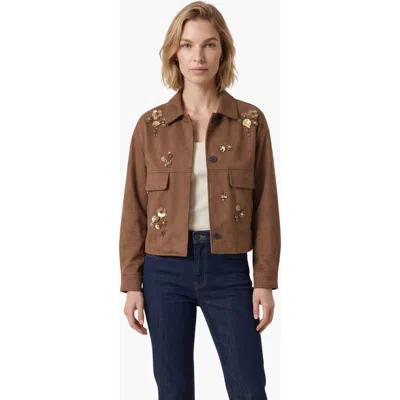 Modenaire Floral Embellished Suede Effect Jacket In Brown