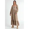 Modenaire Floral-embroidered Smocked Tiered Open-back Maxi Dress In Brown