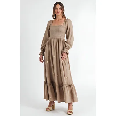 Modenaire Floral-embroidered Smocked Tiered Open-back Maxi Dress In Brown